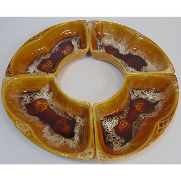 Drip Glaze Pottery Centerpiece Wade Of California Lazy Susan Gold Dip Server 60s - Picture 1 of 16
